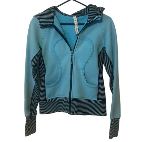 Lululemon Scuba Hoodie Blue Shhhh I'm Meditating Full Zip Stripe Side Thumbholes - Picture 1 of 7